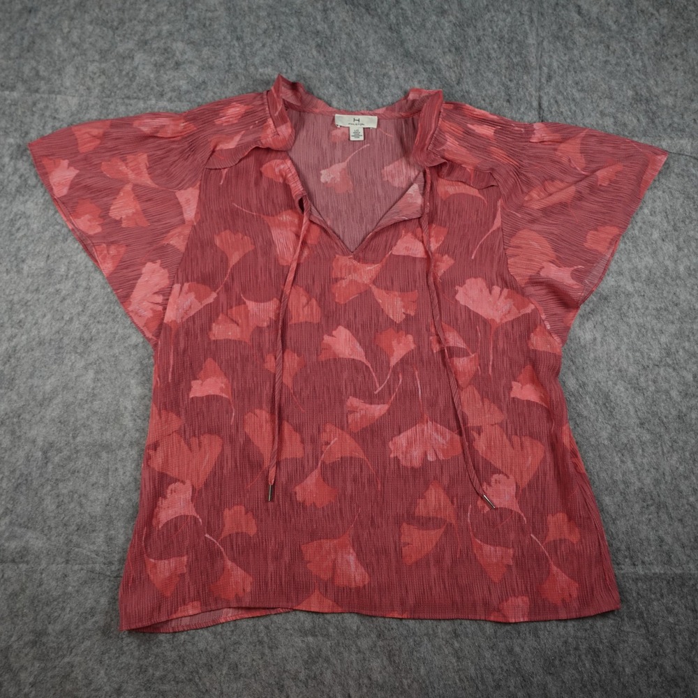 Halston Top Women Large Pink Sheer Leaf Pleated Flutter Sleeve V Neck Tie Neck
